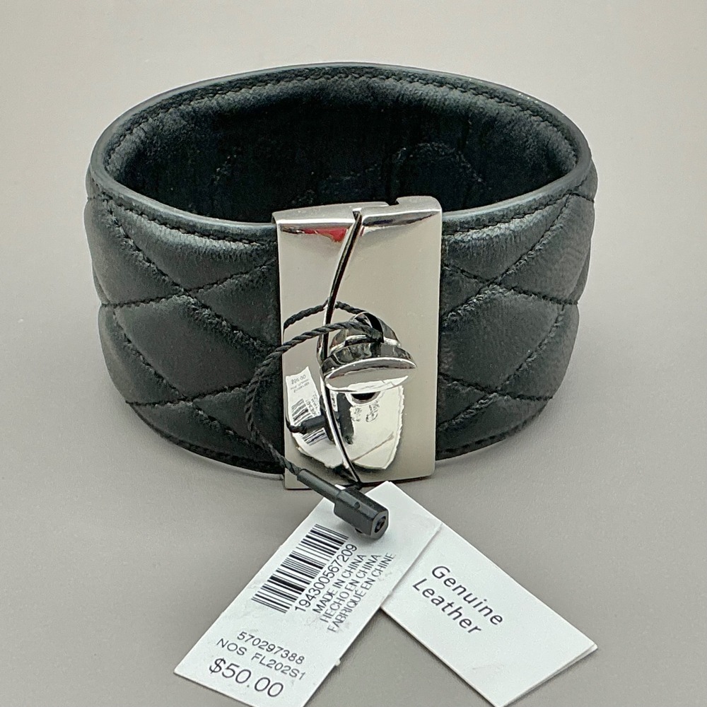 White House Black Market Bracelet Womens Black Quilted Leather Silver Tone 7"